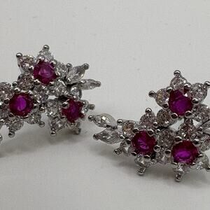 Magenta & Clear Floral Cluster Ear Climber Earrings - Sterling Silver